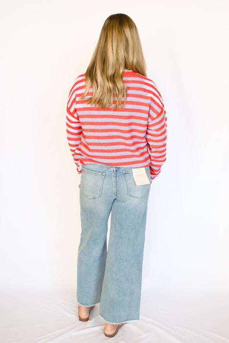 Striped Contrast Stitch Sweater in Red