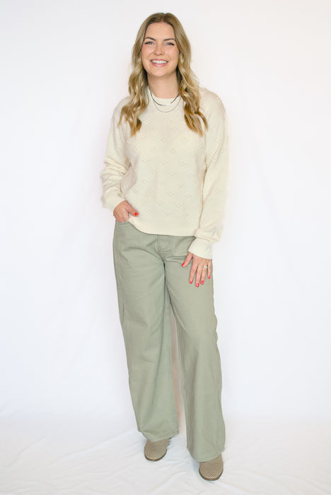 Wide Leg Twill Cotton Pants | High Rise with Elastic Waist