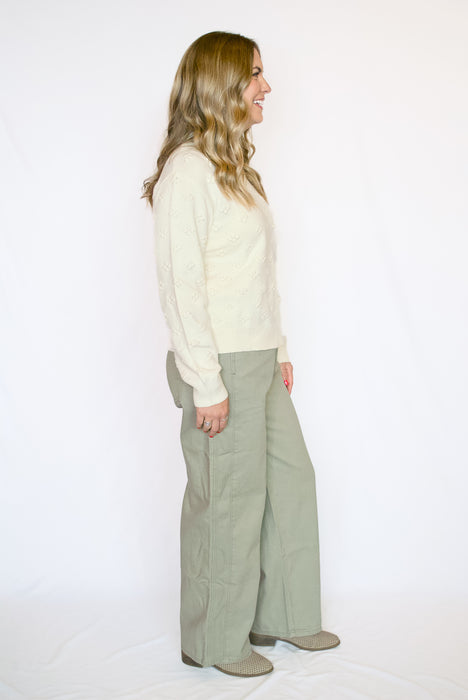 Wide Leg Twill Cotton Pants | High Rise with Elastic Waist