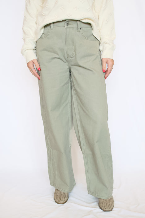 Wide Leg Twill Cotton Pants | High Rise with Elastic Waist