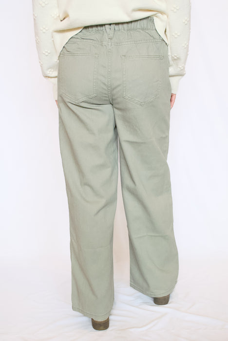 Wide Leg Twill Cotton Pants | High Rise with Elastic Waist