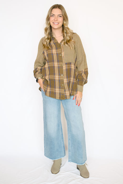 Plaid Mix Stripe Cotton Gauze Button Down Shirt