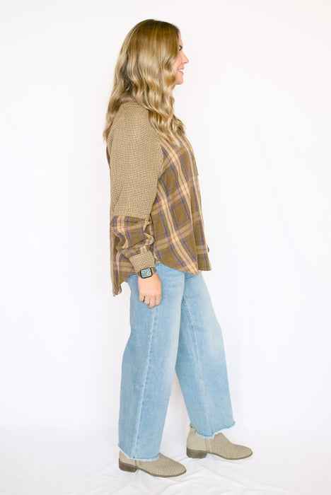 Plaid Mix Stripe Cotton Gauze Button Down Shirt