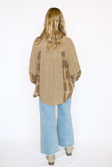 Plaid Mix Stripe Cotton Gauze Button Down Shirt