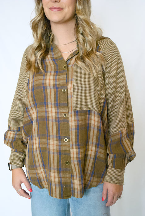 Plaid Mix Stripe Cotton Gauze Button Down Shirt