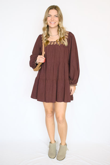 Square Neck Embroidered Tiered Mini Dress