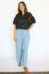 Black bubble blouse with drawstring jeans