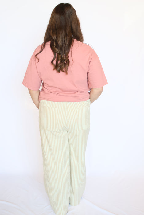 Pink tee with taupe striped pants