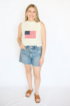 american flag knit tee with jean shorts