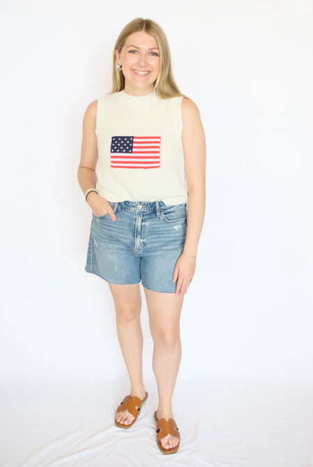 american flag knit tee with jean shorts