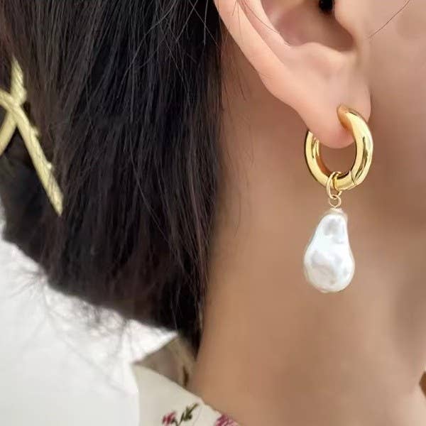 Pearl Drop Huggie Hoop Earrings