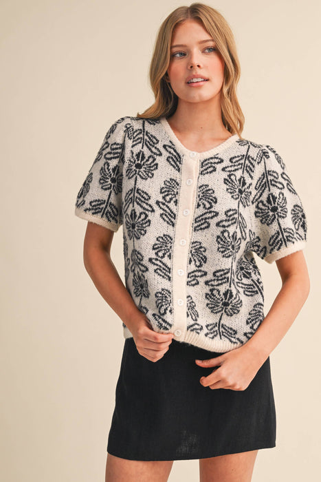Floral Knit Sweater Cardigan | Short Puff Sleeve Button Down Top
