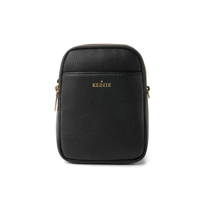 Black leather crossbody bag with gold zipper 