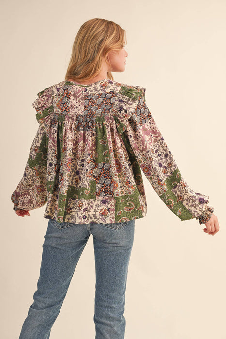 Patchwork Print Ruffle Blouse