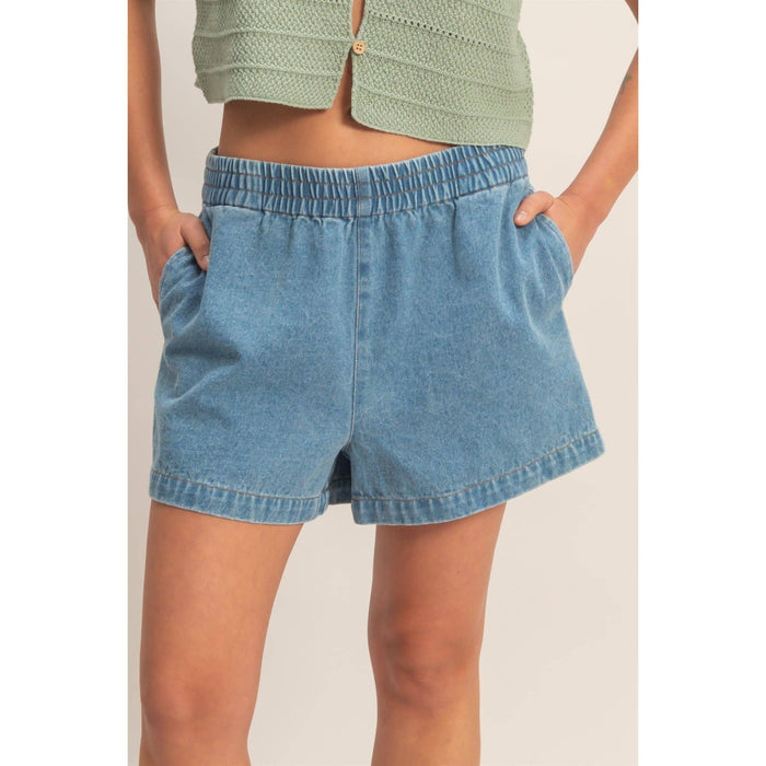 Elastic Waist Washed Denim Shorts