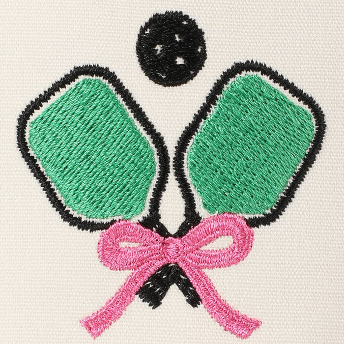 Embroidered design of two green ping pong paddles with a pink bow and a black ball 