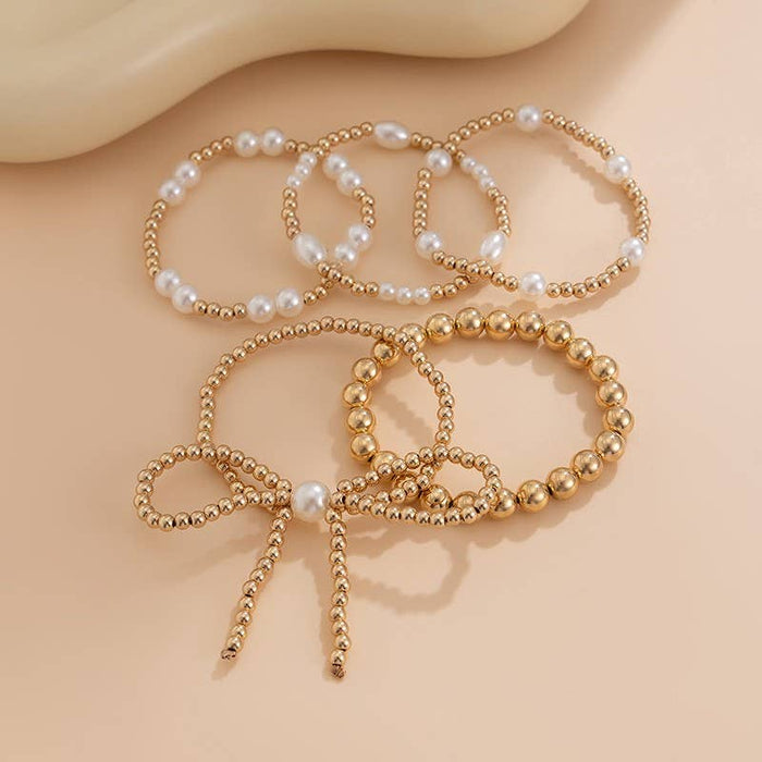 Layered Pearl Bow Charm Bracelet | Gold Beaded Stretch Bracelet