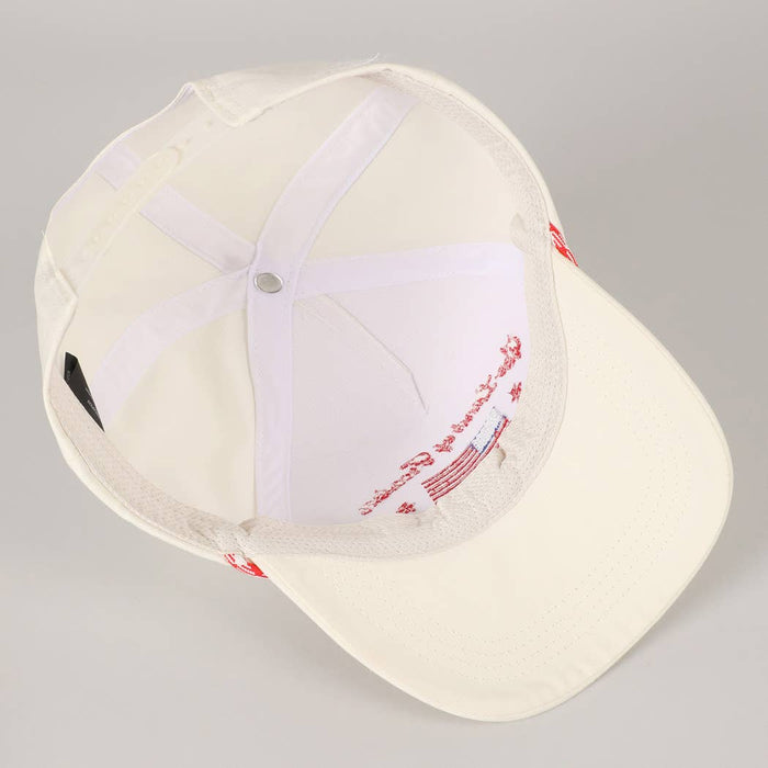 White cap with red text 