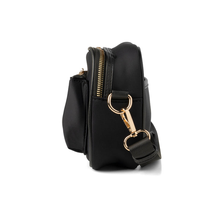 Black crossbody bag with gold hardware 