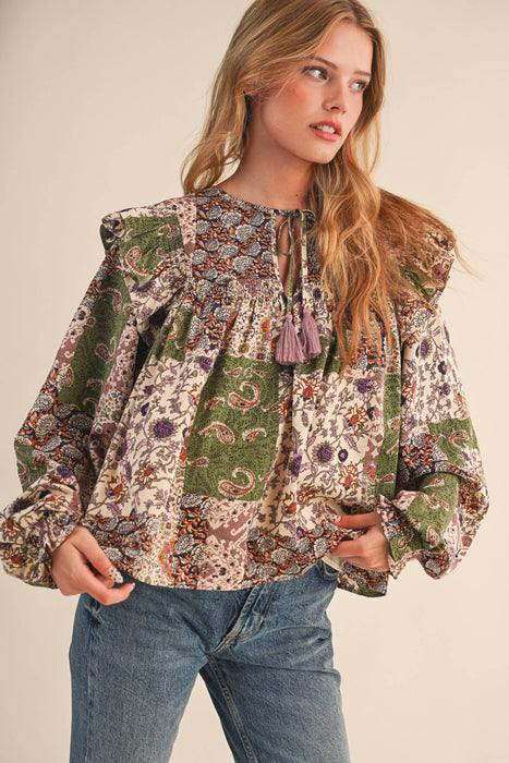 Patchwork Print Ruffle Blouse