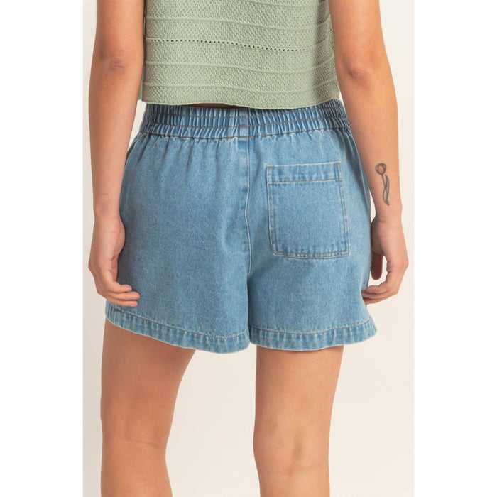 Elastic Waist Washed Denim Shorts
