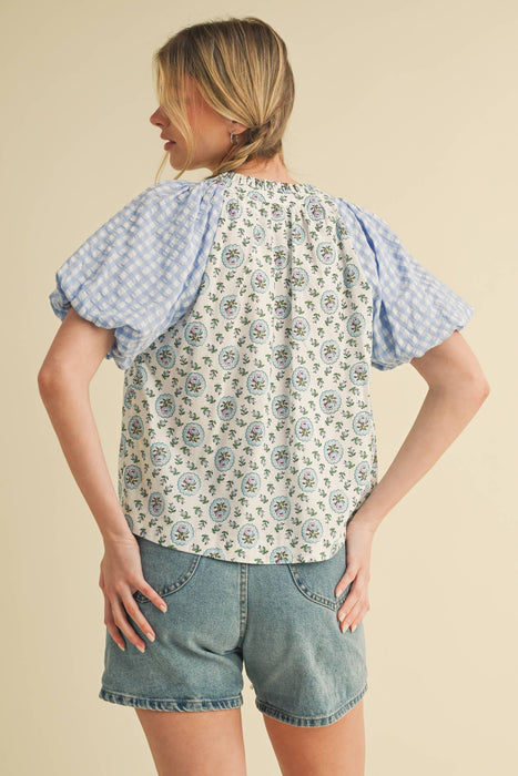 Floral Bubble Sleeve Blouse | Contrast Gingham Sleeve Top
