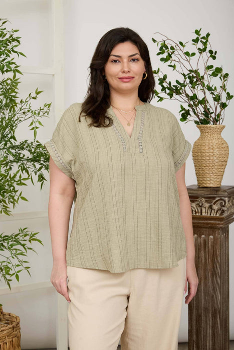 Curvy Textured Lace Detail Split Neck Top
