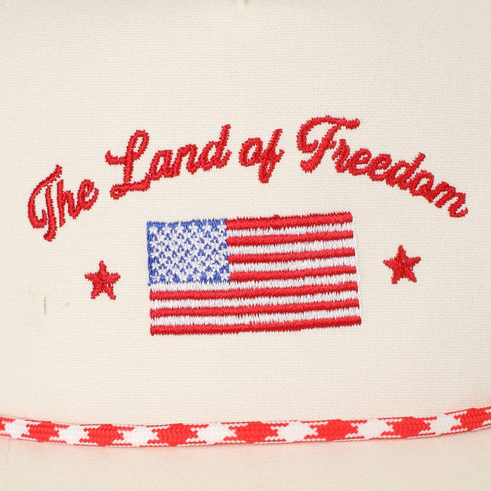 Embroidered design with 'The Land of Freedom' text and American flag 