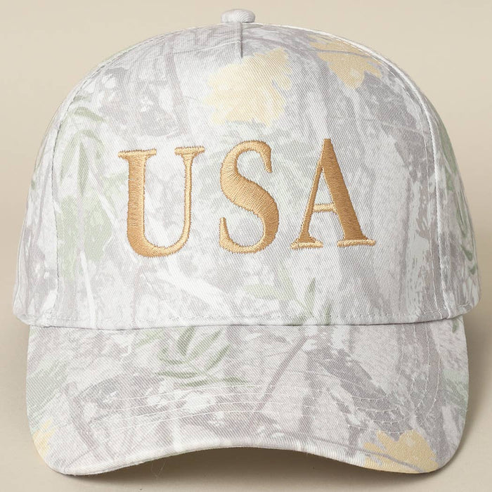 Cap with gold 'USA' text and camo pattern 