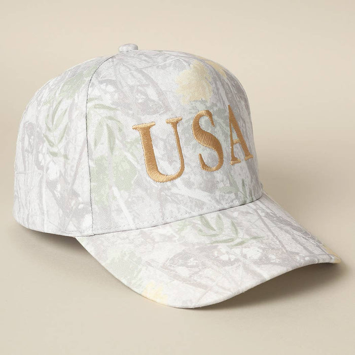 Cap with gold 'USA' text and camo pattern 