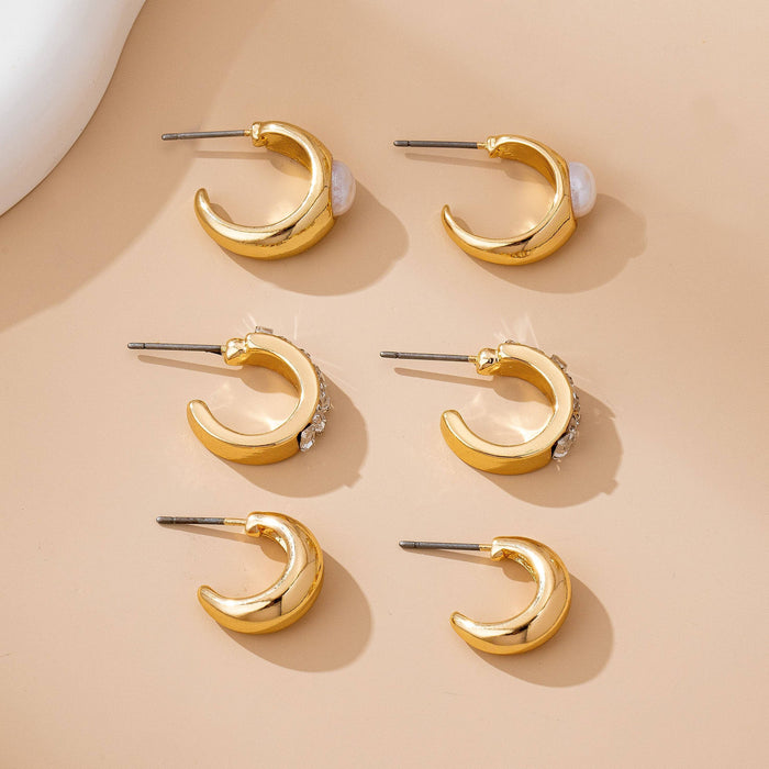 3-Piece Pearl & Rhinestone Huggie Hoop Earring Set