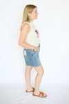american flag knit tee with jean shorts