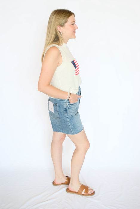 american flag knit tee with jean shorts