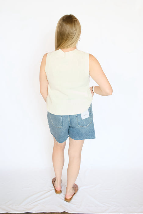 american flag knit tee with jean shorts