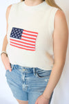 american flag knit tee with jean shorts