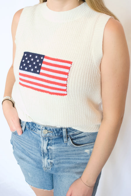 american flag knit tee with jean shorts